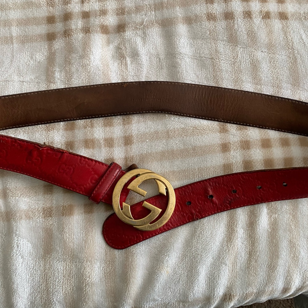 Red and Brown Leather Gucci belt with Gold Buckle